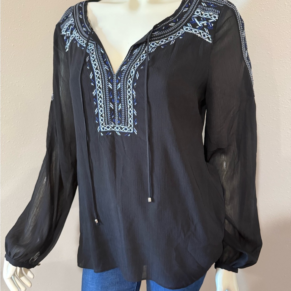 White House Black Market Black Blouse with Blue Embroidery - Picture 2 of 5